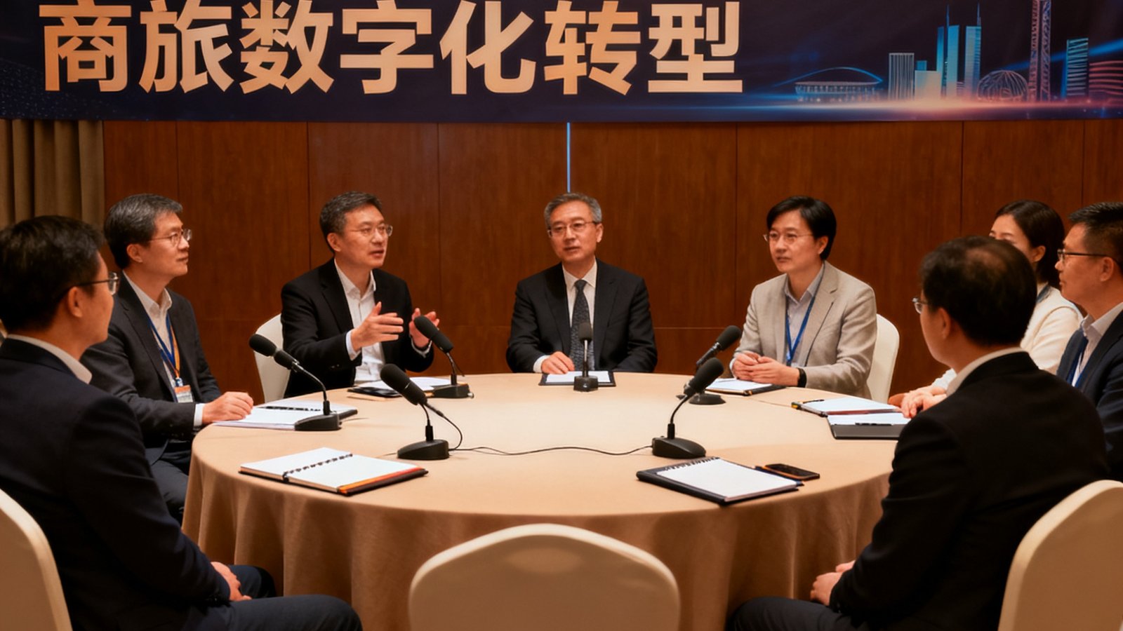 2025高端商旅服务行业论坛现场，多位行业专家在圆桌讨论环节围绕商旅数字化转型话题热烈交流