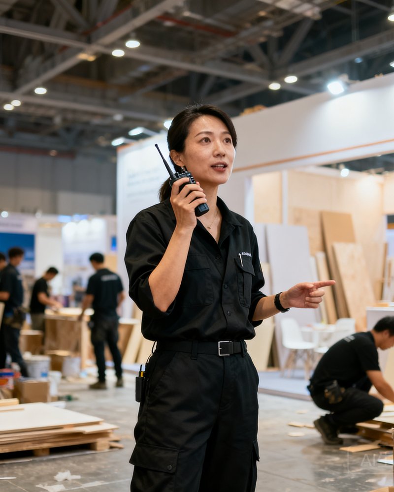 运营总监Sophie李在会展布展现场手持对讲机指挥团队，身着干练的黑色工装，神情专注